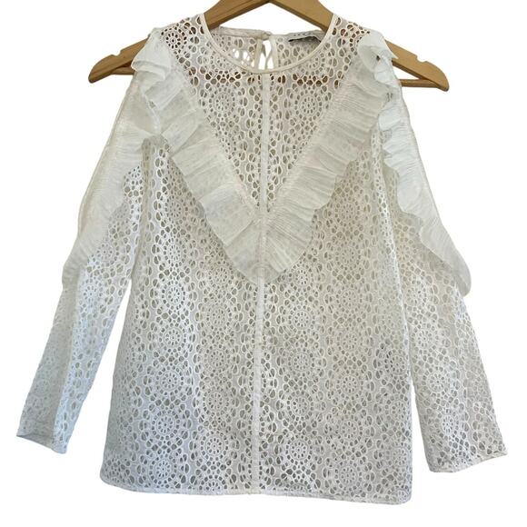 Sandro Eyelet Ruffle Trim Blouse Womens 1 Cottagecore Whimsy Coquette White Twee - Picture 1 of 16